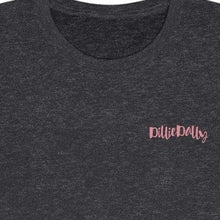 Load image into Gallery viewer, Dark Heather Grey Front of Tee Shirt with Pink DillieDally Logo on left chest