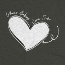 Load image into Gallery viewer, Black Back of tee shirt with a heart and arrow and white wording: Where babies come from