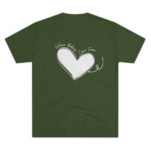 Load image into Gallery viewer, Military Green Back of tee shirt with a heart and arrow and white wording: Where babies come from