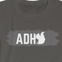 Load image into Gallery viewer, Charcoal Grey Tee shirt with white lettering :ADH and then the silhouette of a squirrel