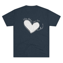 Load image into Gallery viewer, Navy Back of tee shirt with a heart and arrow and white wording: Where babies come from