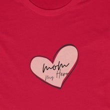 Load image into Gallery viewer, Red Tee Shirt with Pink Heart and black wording: mom, my hero