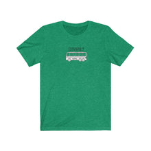 Load image into Gallery viewer, Heather Green Tee Shirt with a Bus, DillieDally Logo and wording: Bussin'