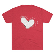 Load image into Gallery viewer, red Back of tee shirt with a heart and arrow and white wording: Where babies come from
