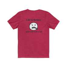 Load image into Gallery viewer, Heather Red Back of Tee Shirt with a zippered mouth face and black wording Life is better when your mouth is shut