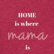 Load image into Gallery viewer, Red Back of tee shirt with wording in pink and white: home is where mama is