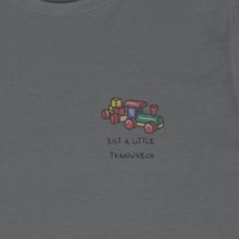 Load image into Gallery viewer, Asphalt Grey Tee with toy train and wording : Just a Little Trainwreck