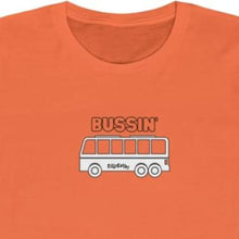 Load image into Gallery viewer, Orange Tee Shirt with a Bus, DillieDally Logo and wording: Bussin'