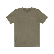 Load image into Gallery viewer, Heather Olive Front of Tee Shirt with Pink DillieDally Logo on left chest