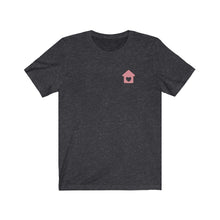Load image into Gallery viewer, Dark Heather grey front of shirt with a pink house with heart on chest