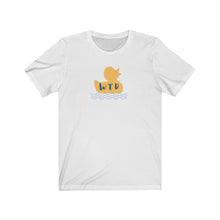 Load image into Gallery viewer, white Tee Shirt with picture of yellow ducky and waves with blue lettering: WTD
