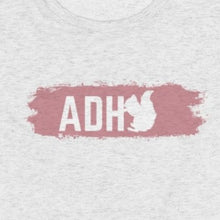 Load image into Gallery viewer, Heather white Tee shirt with Pink/white lettering :ADH and then the silhouette of a squirrel