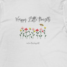 Load image into Gallery viewer, heather grey/white T shirt with flowers and bee and wording: happy little thoughts and one tiny buzz kill