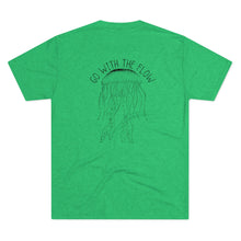 Load image into Gallery viewer, Green Tee Shirt with Jelly Fish with wording: Go with the Flow