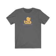 Load image into Gallery viewer, Asphalt Grey Tee Shirt with picture of yellow ducky and waves with blue lettering: WTD