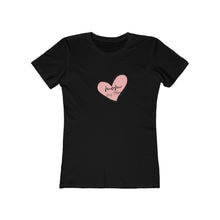 Load image into Gallery viewer, black Tee Shirt with Pink Heart and black wording: mom, my hero