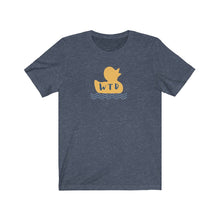 Load image into Gallery viewer, Heather Navy Tee Shirt with picture of yellow ducky and waves with blue lettering: WTD