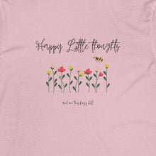 Load image into Gallery viewer, Pink T shirt with flowers and bee and wording: happy little thoughts and one tiny buzz kill