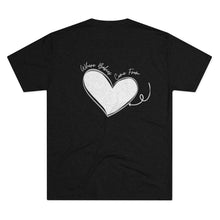 Load image into Gallery viewer, Black Back of tee shirt with a heart and arrow and white wording: Where babies come from