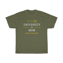 Load image into Gallery viewer, Military Green tee shirt with yellow spoon and embellishments and white and yellow wording: University of mom, school of hard knocks