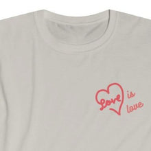 Load image into Gallery viewer, Ice Grey Tee Shirt with Red heart and wording: Love is love
