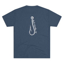 Load image into Gallery viewer, Heather Navy  Tee Shirt with a fish hook with white wording: Hook a Brother Up
