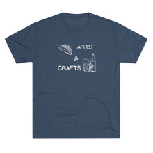 Load image into Gallery viewer, Heather Navy Tee Shirt with Picture of taco and beer with white wording Arts &amp; Crafts
