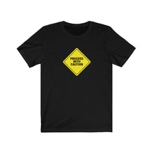 Load image into Gallery viewer, Black  Tee Shirt with Caution sign that says proceed with caution
