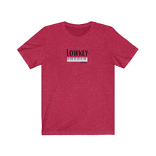 Load image into Gallery viewer, Heather Red Tee shirt with Piano Keys, DillieDally logo and black wording: Lowkey
