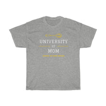 Load image into Gallery viewer, Athletic Grey tee shirt with yellow spoon and embellishments and white and yellow wording: University of mom, school of hard knocks
